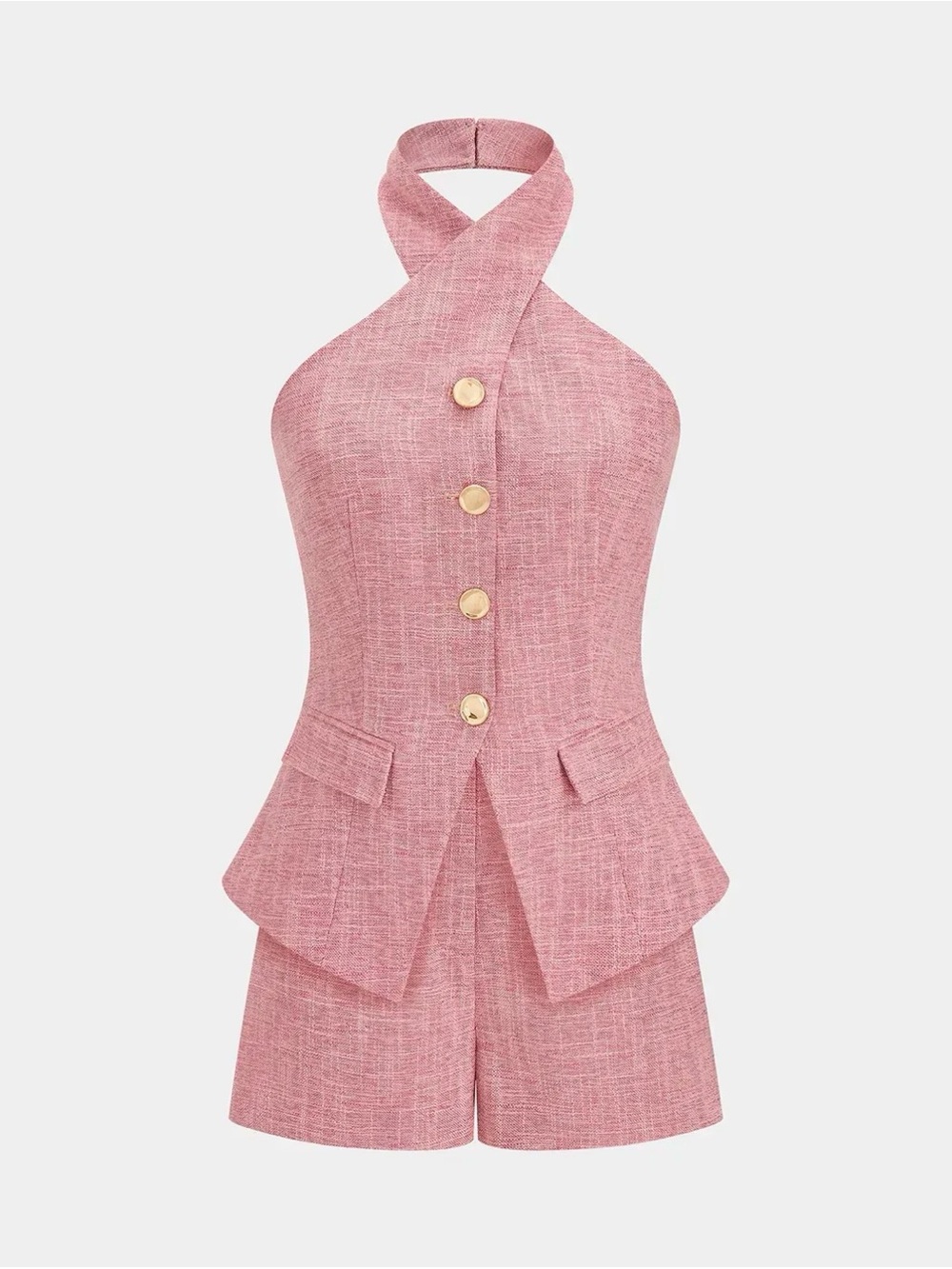 Commense Pink Halter neck metal button short set